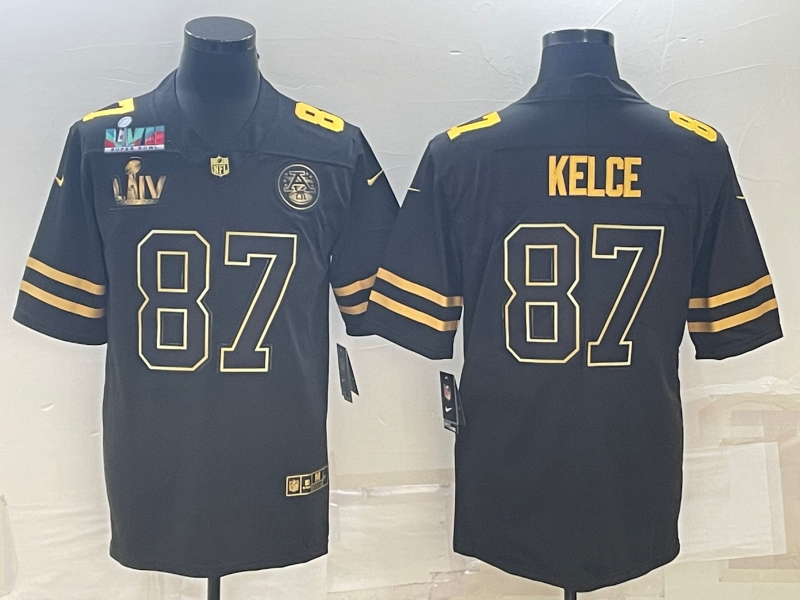 Men's Kansas City Chiefs #87 Travis Kelce Black Golden Super Bowl LV And Super Bowl LVII Patch Vapor Limited Stitched Jersey